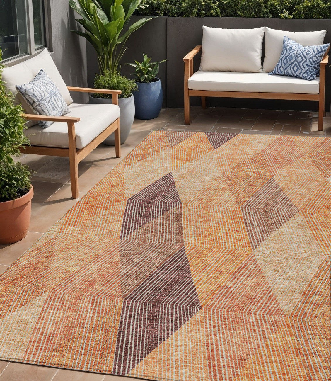5 X 8 Orange Peach And Ruby Red Argyle Washable Indoor Outdoor Area Rug