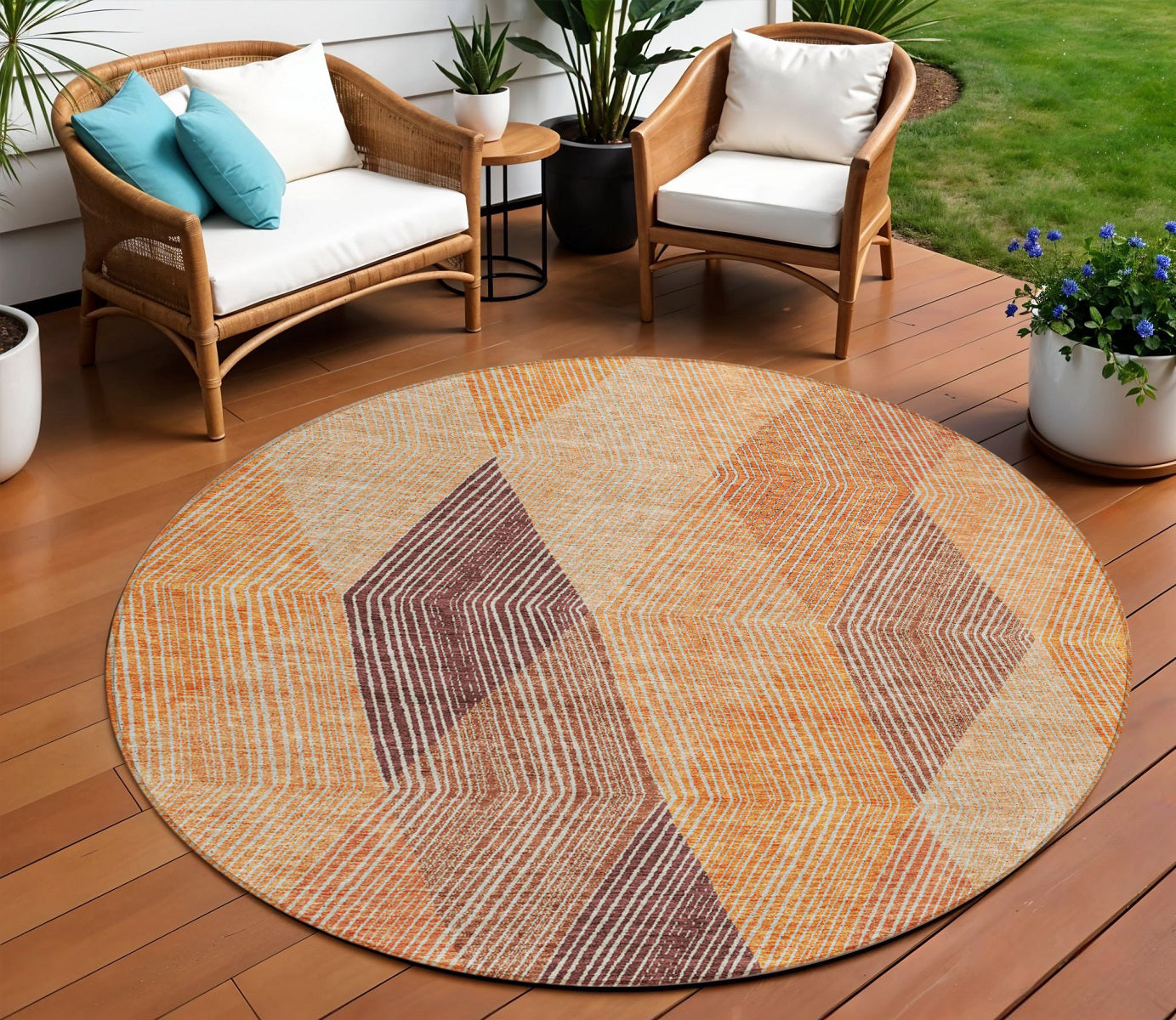 8 Orange Peach And Ruby Red Round Argyle Washable Indoor Outdoor Area Rug