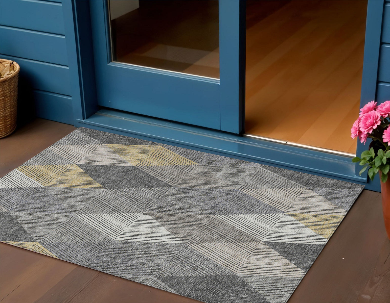 3 X 5 Pewter Gray And Gold Argyle Washable Indoor Outdoor Area Rug