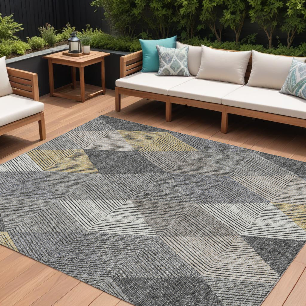 10 X 14 Pewter Gray And Gold Argyle Washable Indoor Outdoor Area Rug