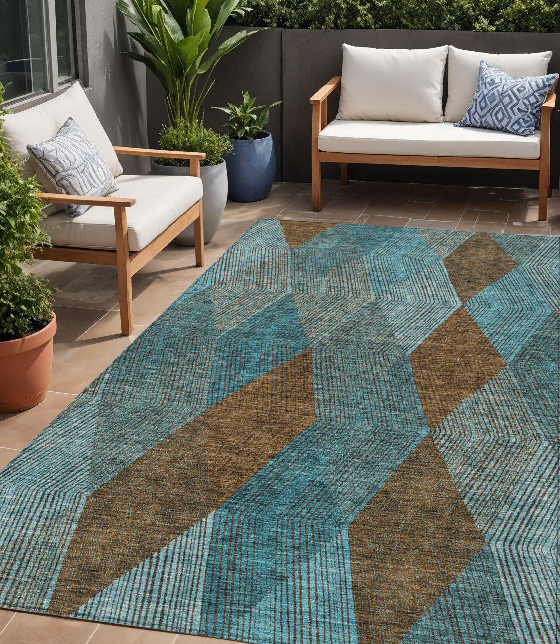 5 X 8 Teal Blue Aqua And Brown Argyle Washable Indoor Outdoor Area Rug