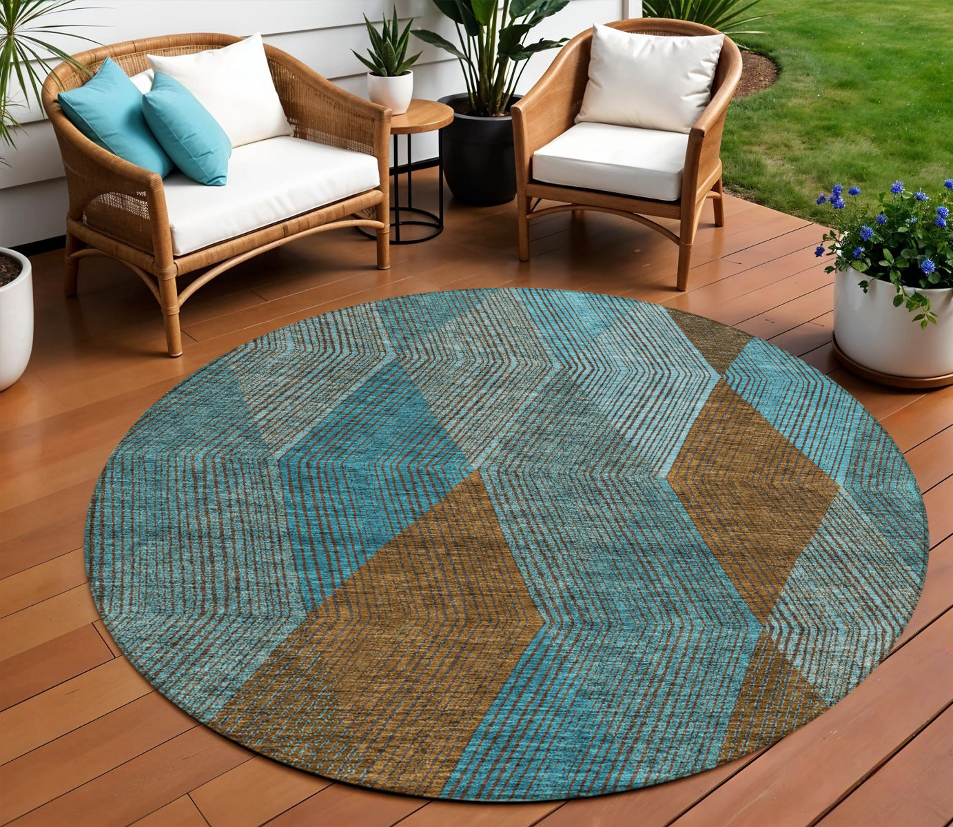 8 Teal Blue Aqua And Brown Round Argyle Washable Indoor Outdoor Area Rug