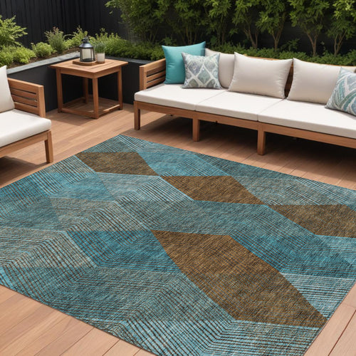 10 X 14 Teal Blue Aqua And Brown Argyle Washable Indoor Outdoor Area Rug