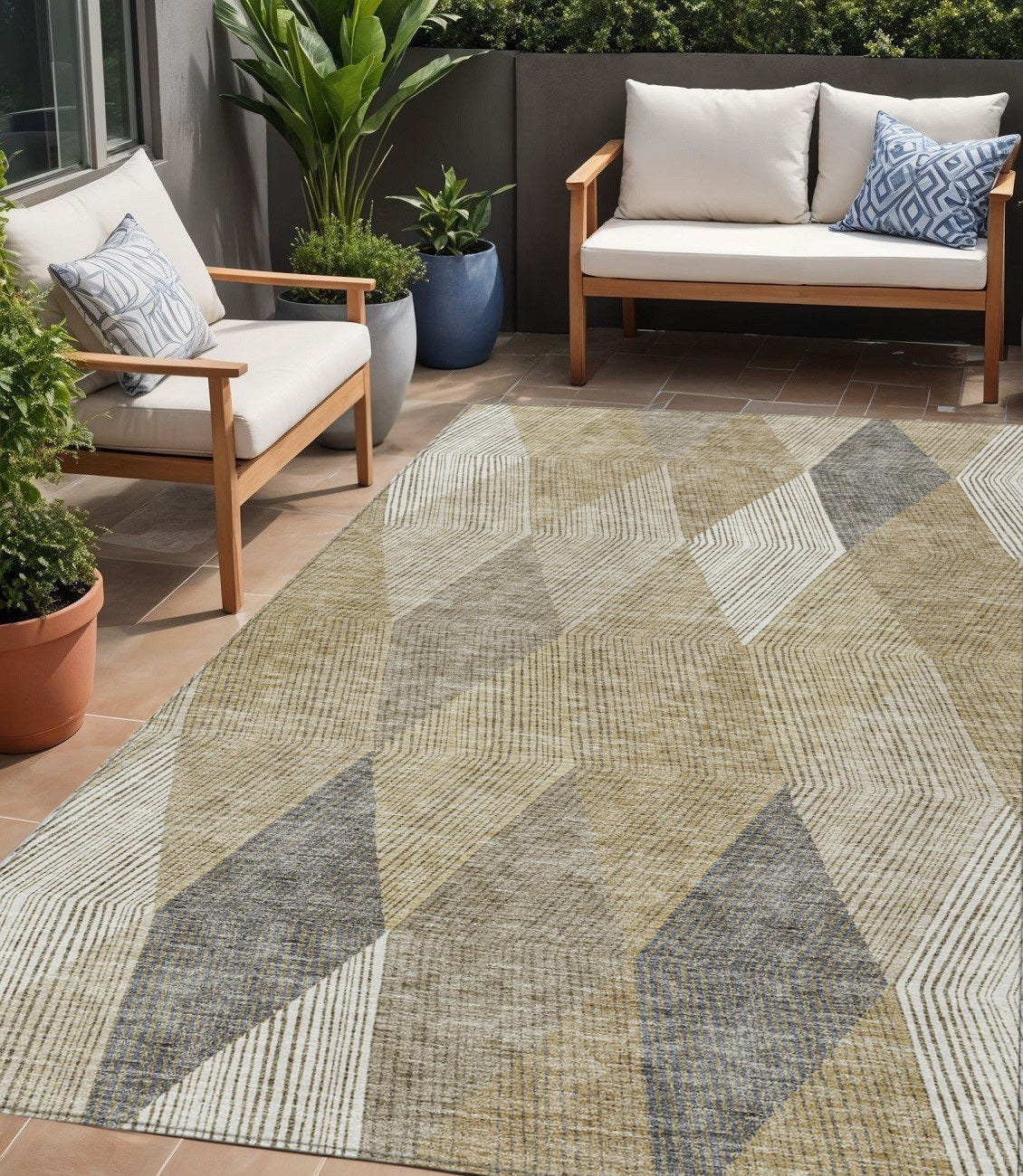 5 X 8 Wheat Taupe And Ivory Argyle Washable Indoor Outdoor Area Rug