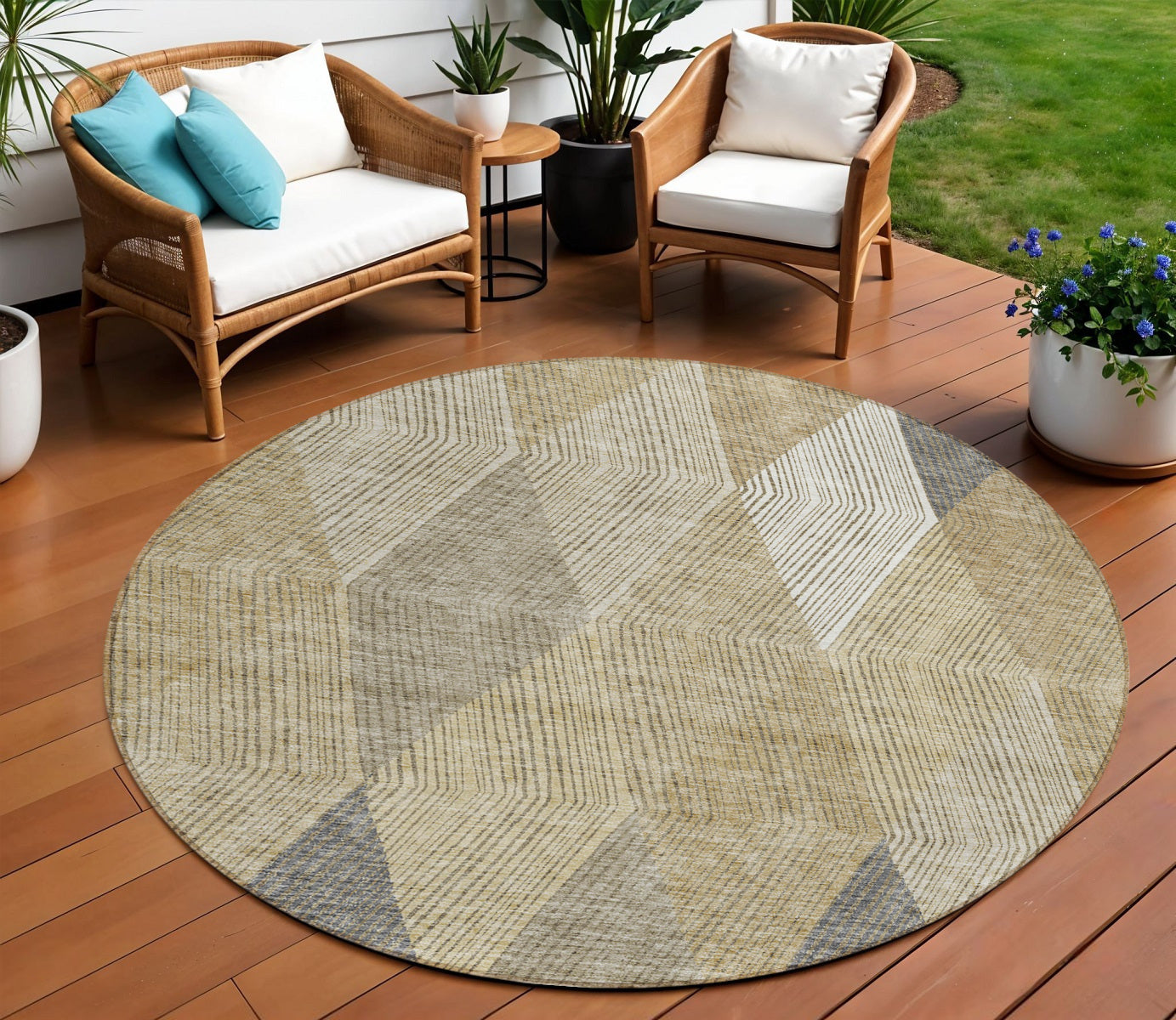 8 Wheat Taupe And Ivory Round Argyle Washable Indoor Outdoor Area Rug