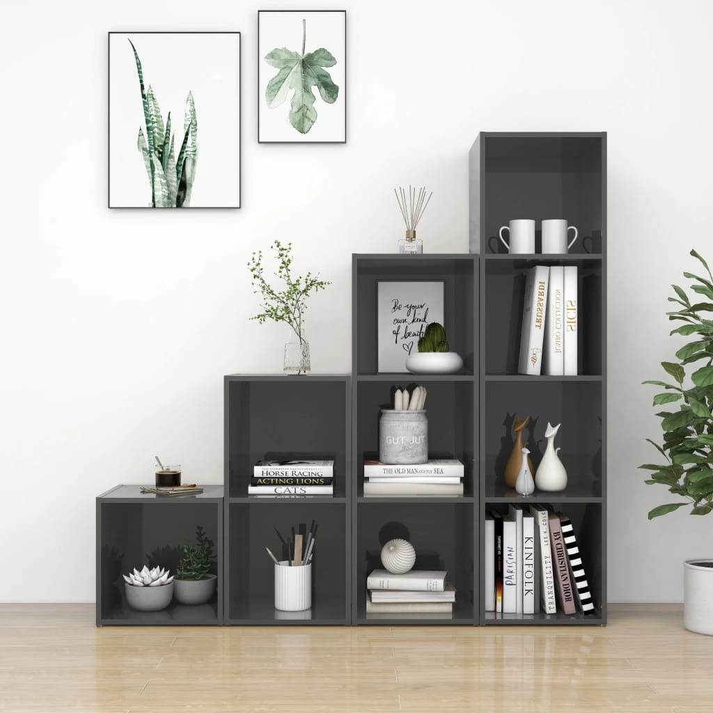 vidaXL TV Stand Set - 4 Pieces - High Gloss Gray - Engineered Wood - Versatile Placement - Ample Storage - Easy to Clean