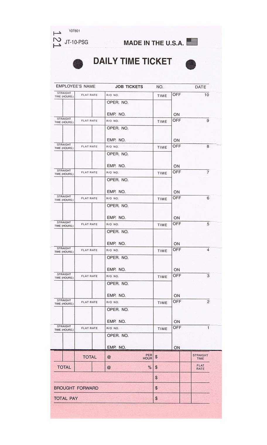 Sswbasics Technician'S Daily Time Ticket - Pack Of 100 - Technician Daily Time Sheets | Auto Mechanic Job Ticket And Flag Sheet