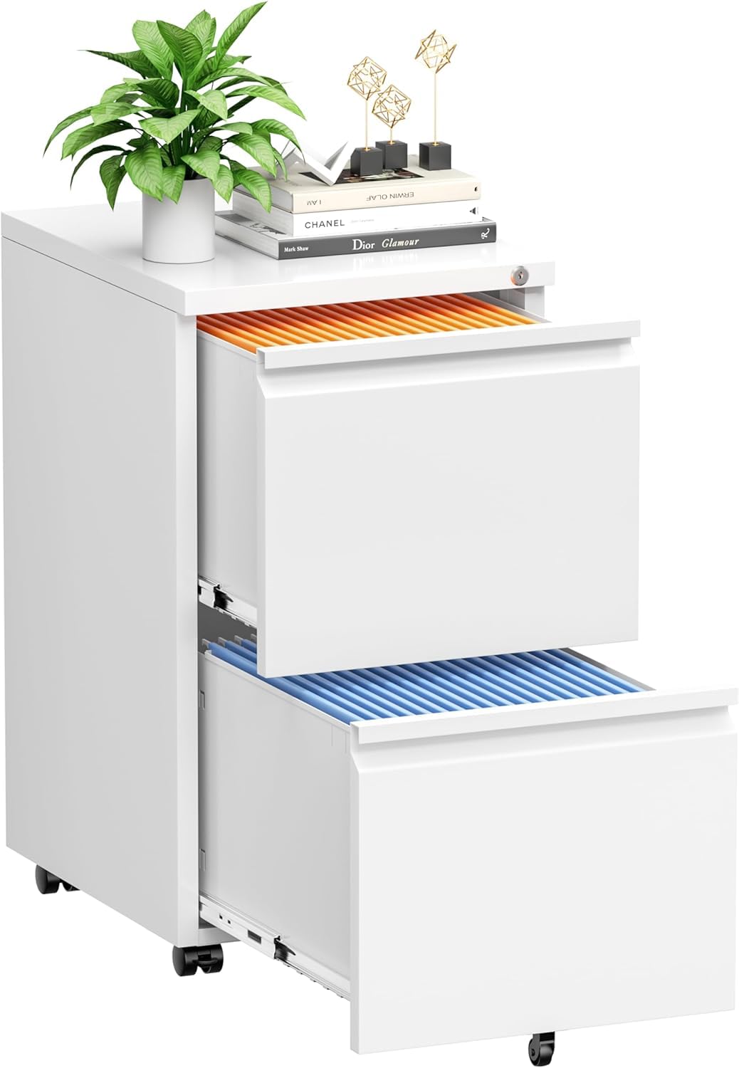 Brightpeak 2 Drawer Mobile File Cabinet, Metal Rolling Filing Cabinet With Lock For Home Office, Under Desk Small Cabinet With W