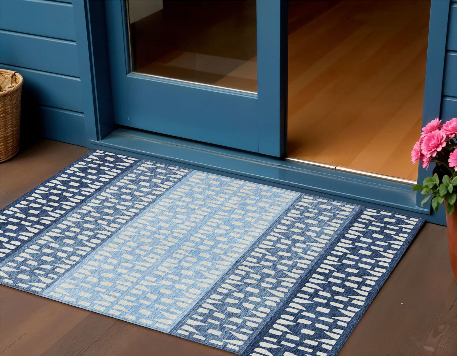 3 X 5 Blue Sky Blue And Ivory Geometric Washable Indoor Outdoor Area Rug