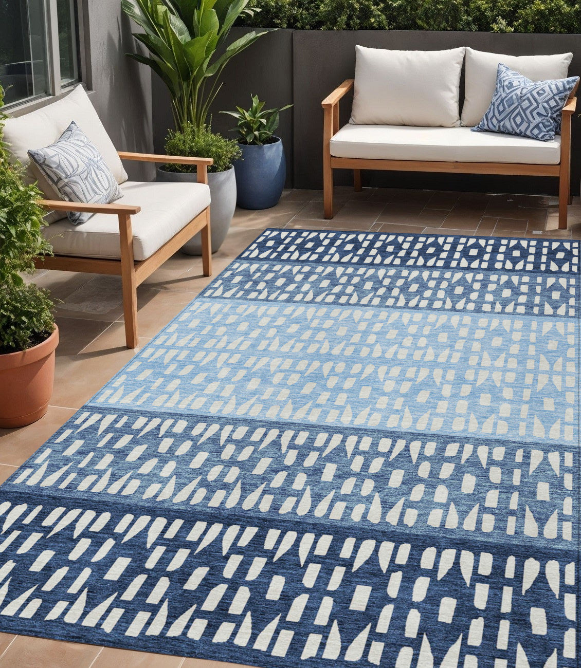 5 X 8 Blue Sky Blue And Ivory Geometric Washable Indoor Outdoor Area Rug