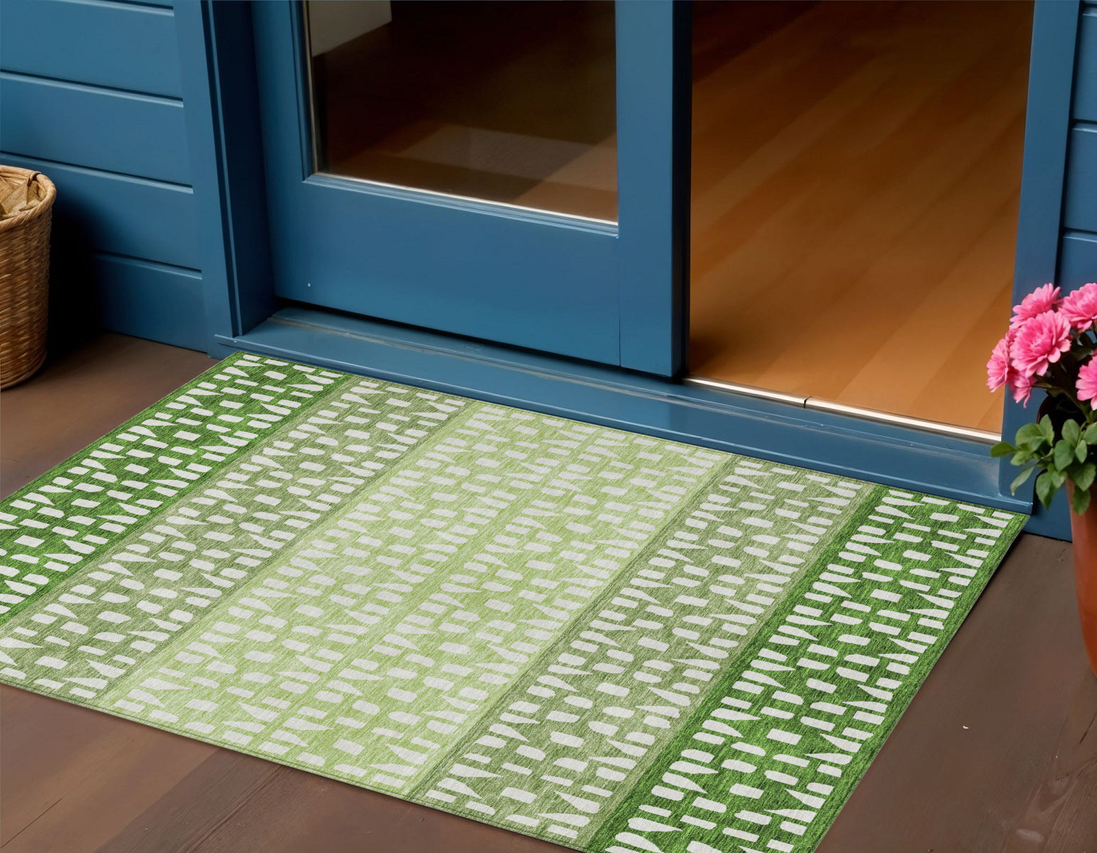 3 X 5 Green Sage And Ivory Geometric Washable Indoor Outdoor Area Rug