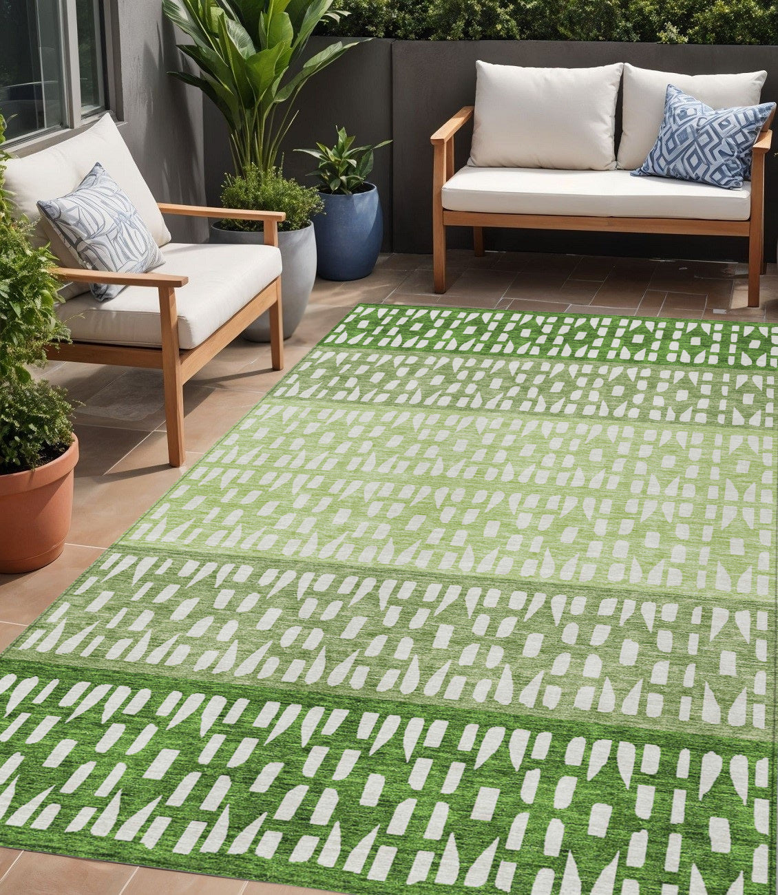 5 X 8 Green Sage And Ivory Geometric Washable Indoor Outdoor Area Rug