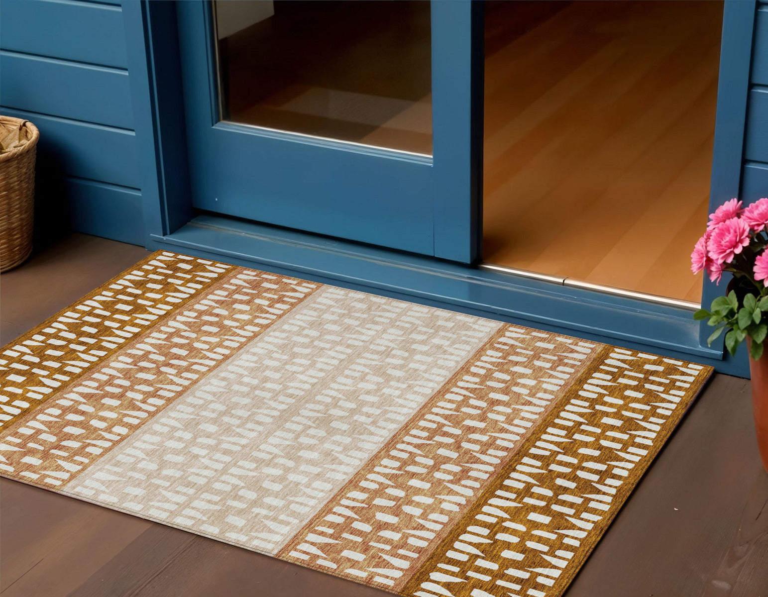 3 X 5 Orange Beige And Ivory Geometric Washable Indoor Outdoor Area Rug