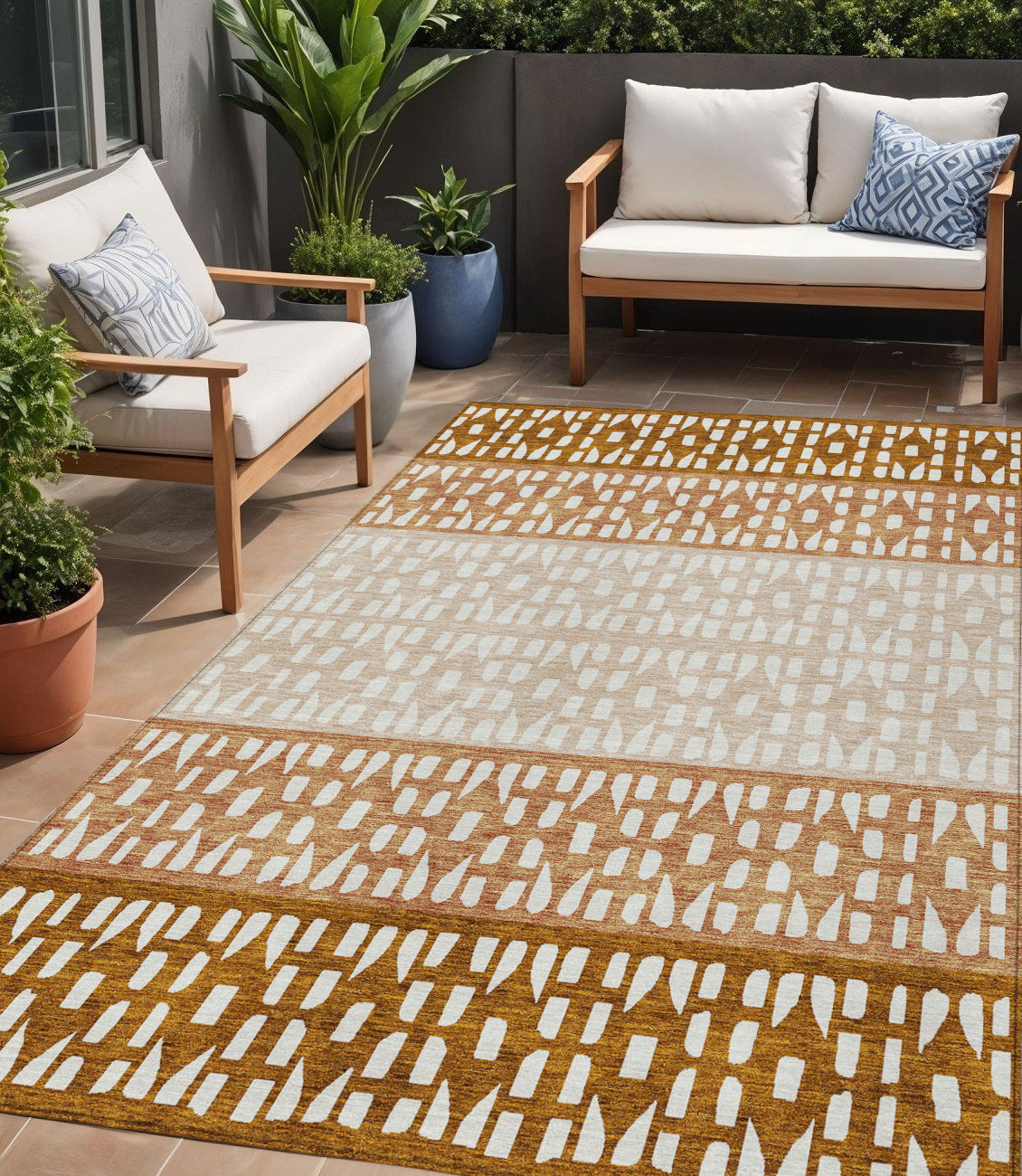 5 X 8 Orange Beige And Ivory Geometric Washable Indoor Outdoor Area Rug