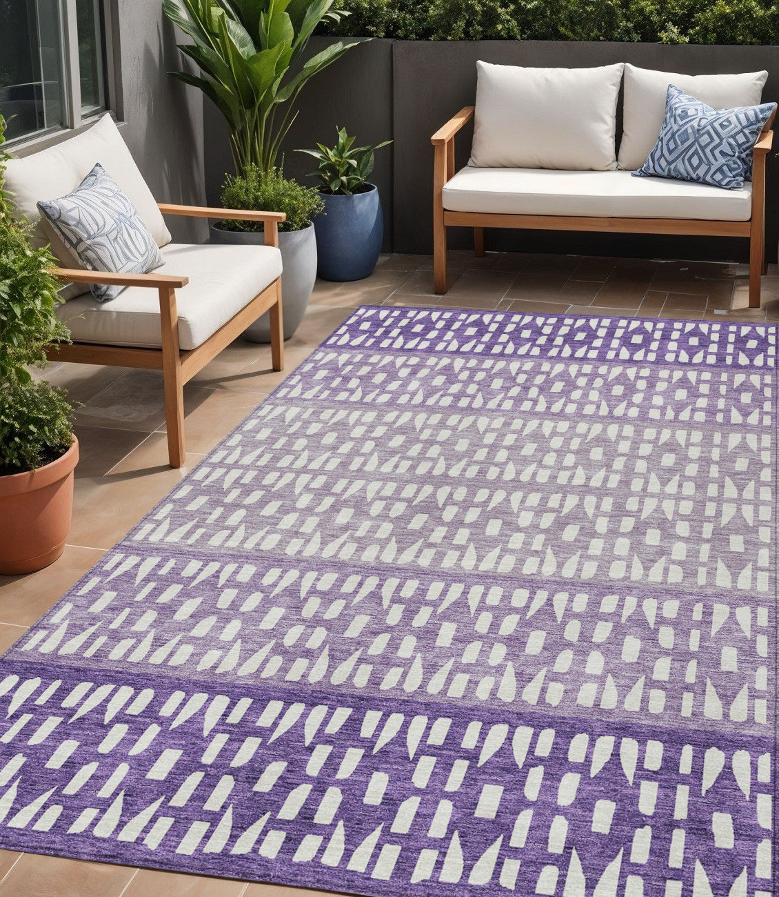 5 X 8 Purple Lavender And Ivory Geometric Washable Indoor Outdoor Area Rug