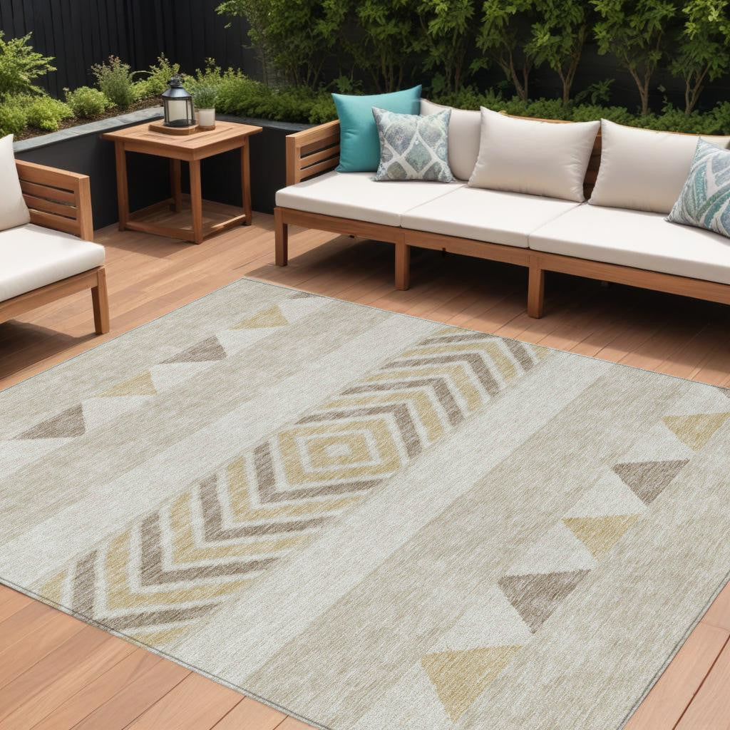 9 X 12 Beige Ivory And Taupe Southwestern Washable Indoor Outdoor Area Rug