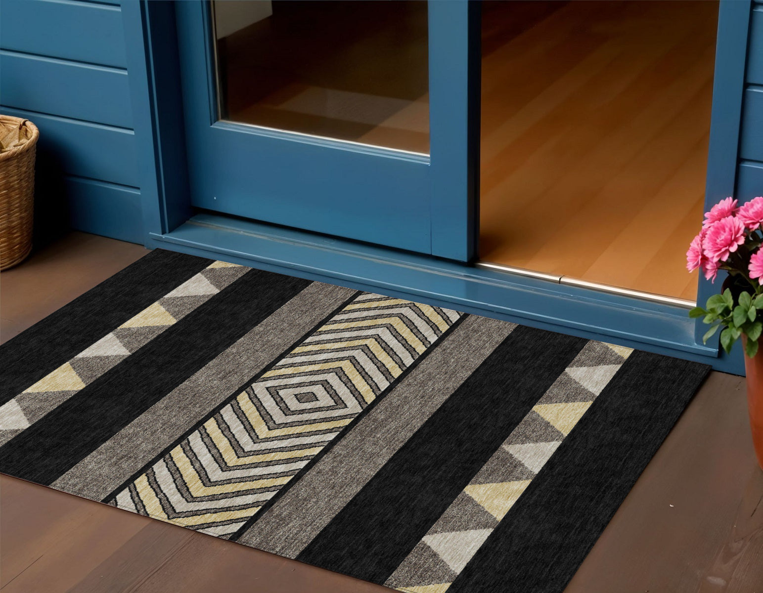 3 X 5 Black Ivory And Wheat Southwestern Washable Indoor Outdoor Area Rug