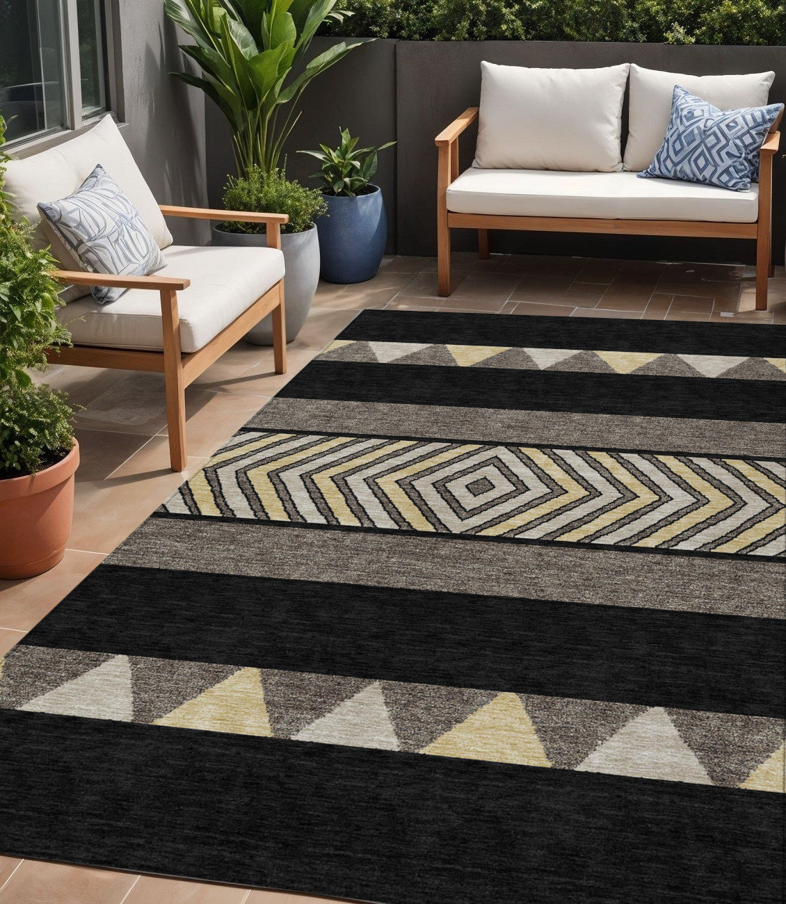 5 X 8 Black Ivory And Wheat Southwestern Washable Indoor Outdoor Area Rug