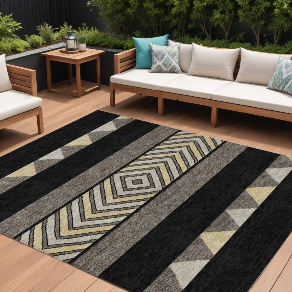9 X 12 Black Ivory And Wheat Southwestern Washable Indoor Outdoor Area Rug