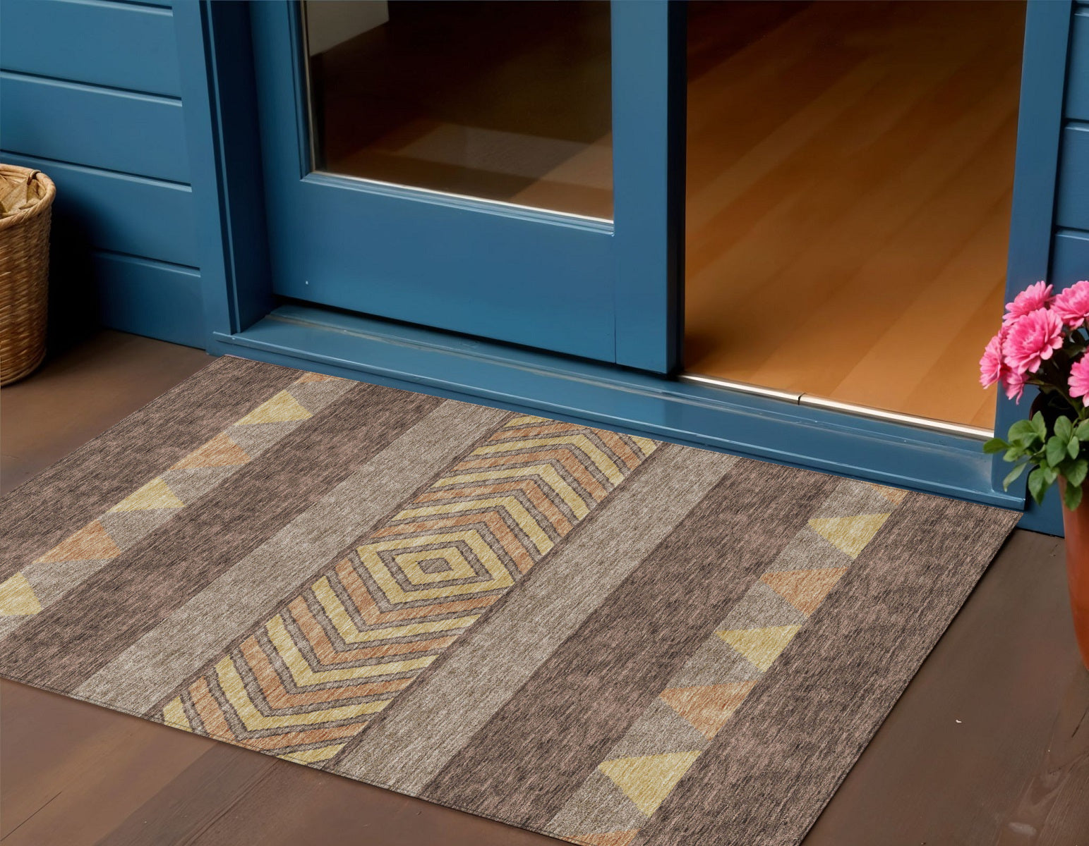 3 X 5 Brown Wheat And Copper Southwestern Washable Indoor Outdoor Area Rug