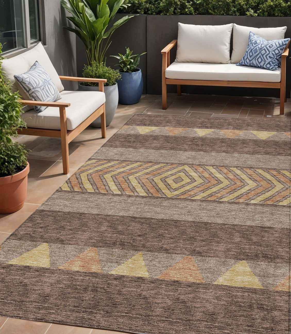 5 X 8 Brown Wheat And Copper Southwestern Washable Indoor Outdoor Area Rug