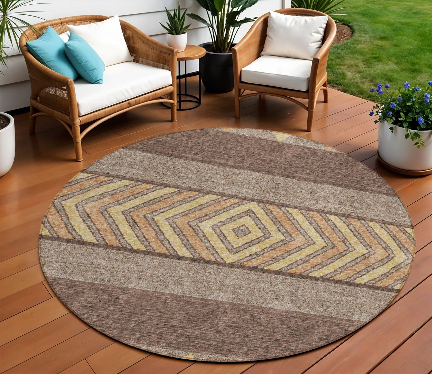 8 Brown Wheat And Copper Round Southwestern Washable Indoor Outdoor Area Rug