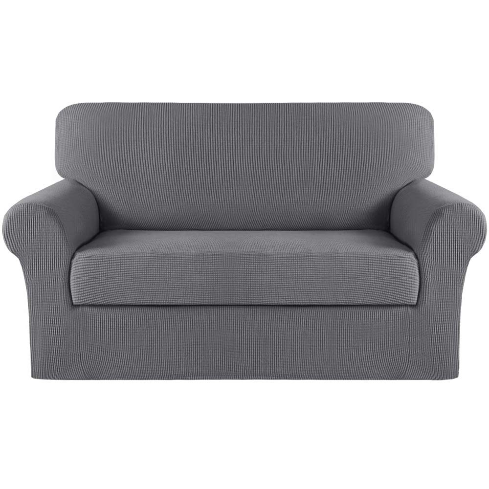 Turquoize Stretch Sofa Slipcover 2 Pieces Sofa Cover Couch Cover For 2 Cushion Couch Washable Furniture Protector Covers With Elastic Bottom Feature Thick Jacquard Fabric (Loveseat, Charcoal Gray)