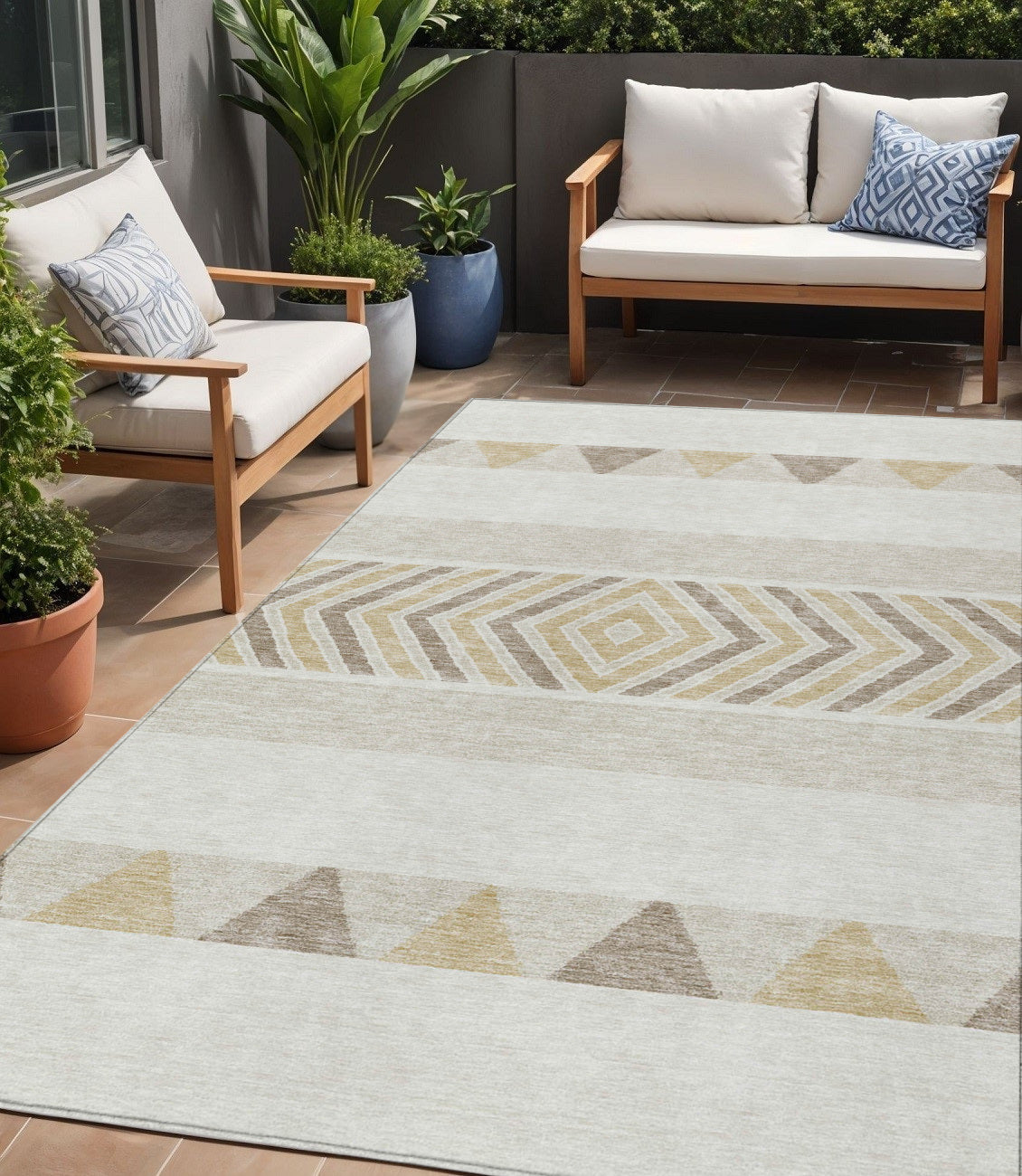 5 X 8 Ivory Beige And Taupe Southwestern Washable Indoor Outdoor Area Rug