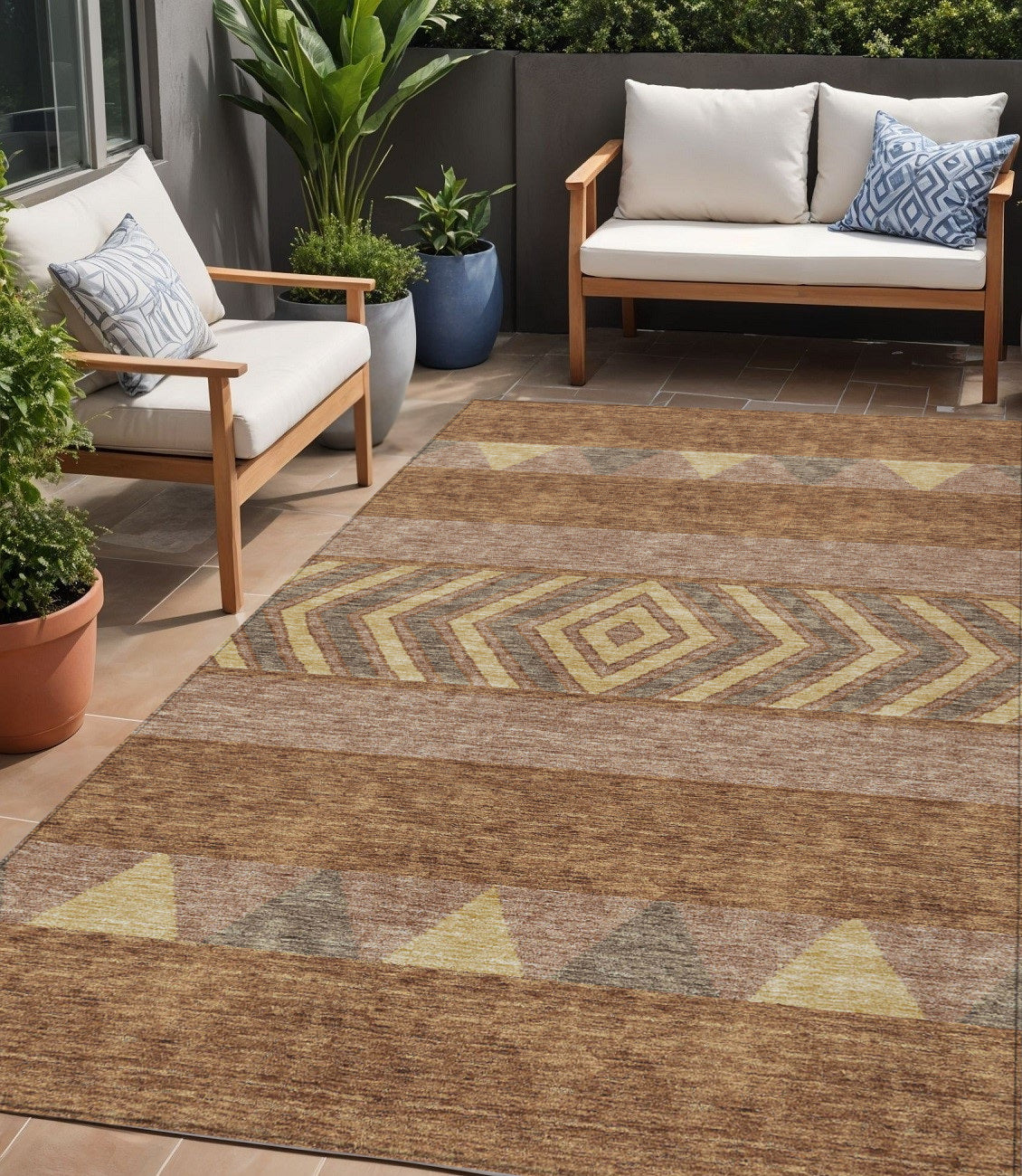 5 X 8 Orange Wheat And Taupe Southwestern Washable Indoor Outdoor Area Rug