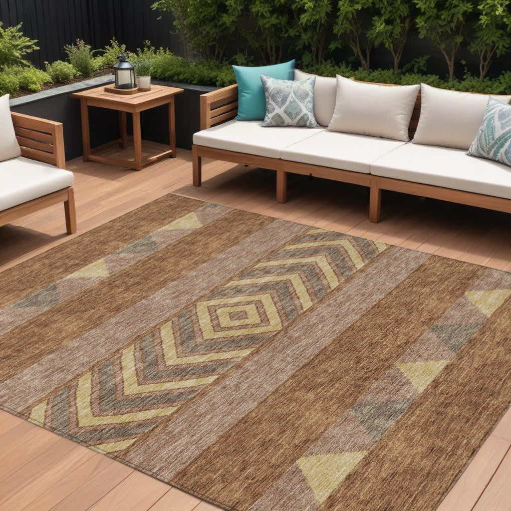 9 X 12 Orange Wheat And Taupe Southwestern Washable Indoor Outdoor Area Rug