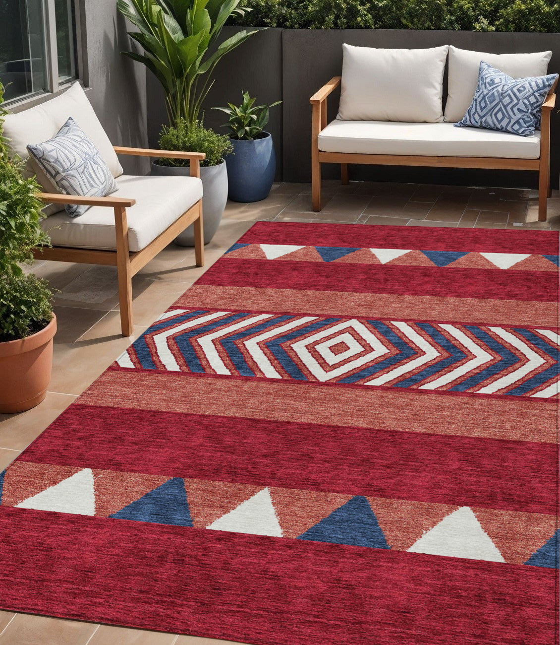 5 X 8 Red White And Navy Blue Southwestern Washable Indoor Outdoor Area Rug