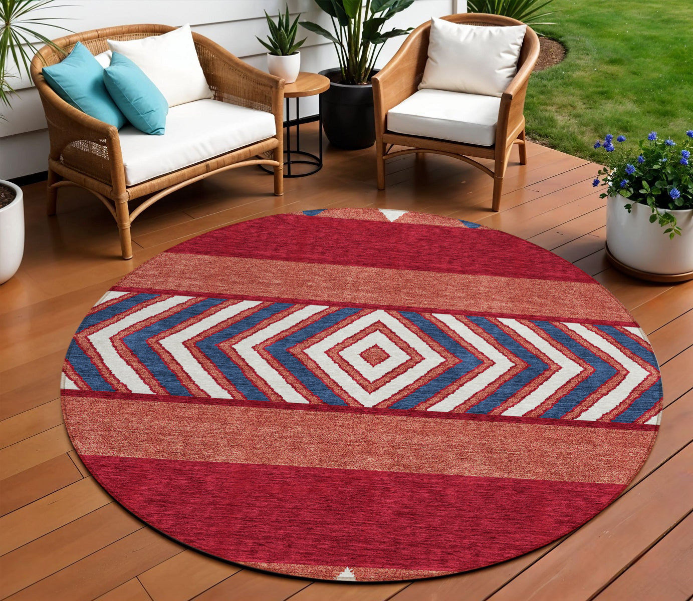 8 Red White And Navy Blue Round Southwestern Washable Indoor Outdoor Area Rug