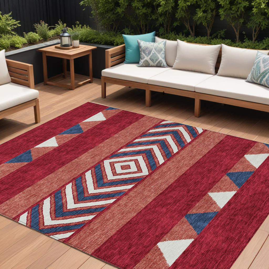 8 X 10 Red White And Navy Blue Southwestern Washable Indoor Outdoor Area Rug
