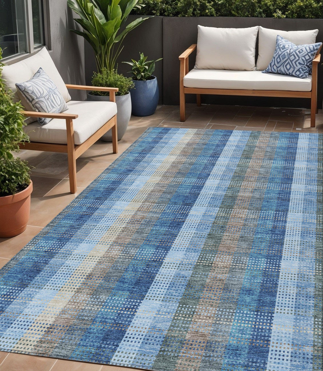 5 X 8 Denim Blue Sky Blue And Beige Plaid Washable Indoor Outdoor Area Rug