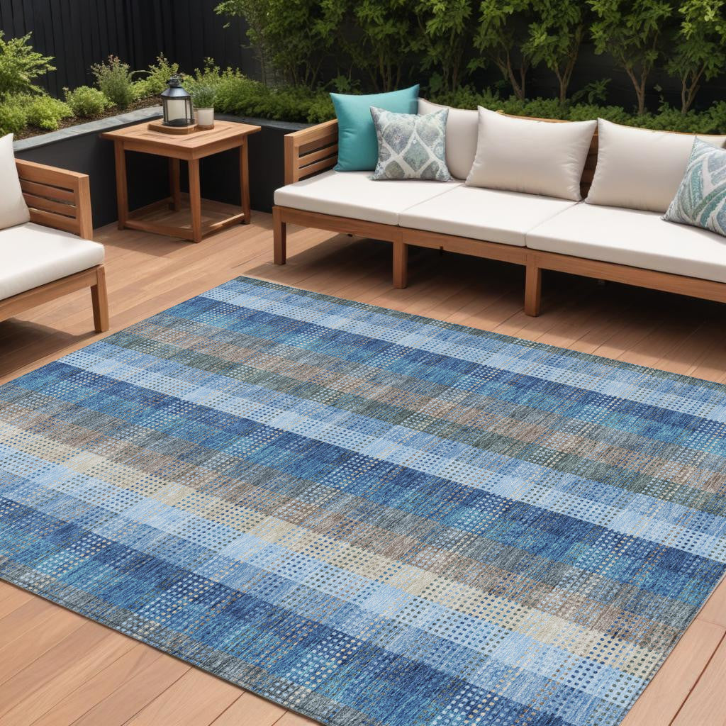 10 X 14 Denim Blue Sky Blue And Beige Plaid Washable Indoor Outdoor Area Rug