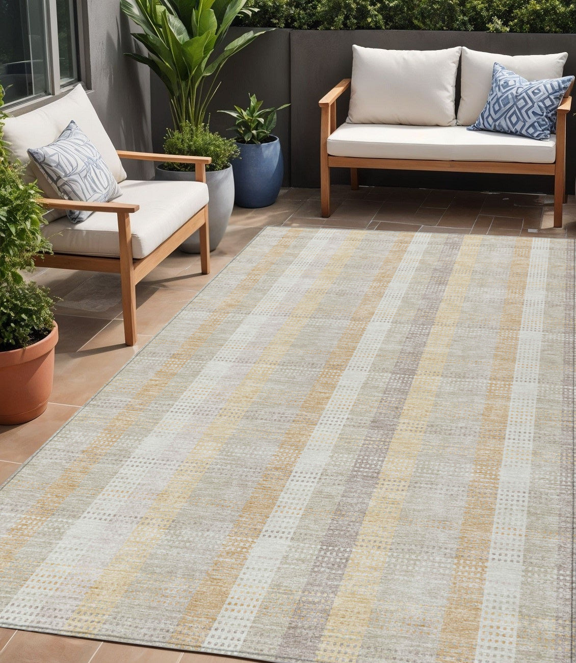 5 X 8 Ivory Beige And Tan Plaid Washable Indoor Outdoor Area Rug