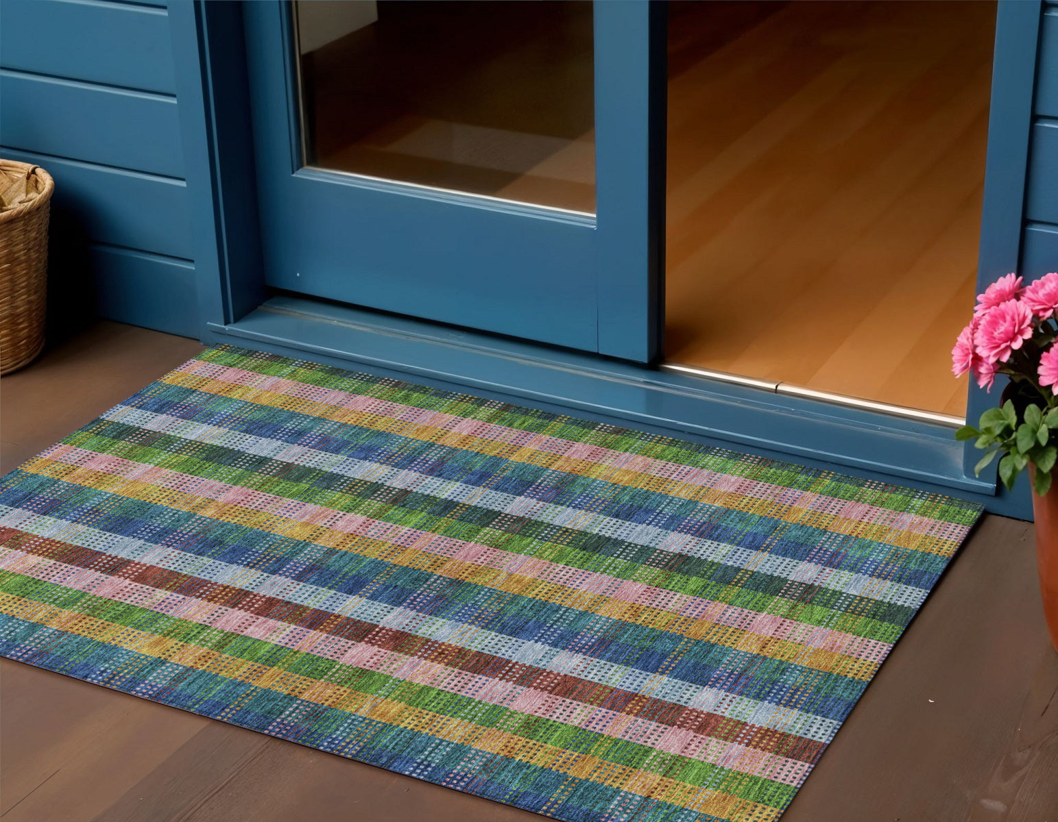 3 X 5 Navy Blue Pink And Sage Plaid Washable Indoor Outdoor Area Rug