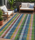 5 X 8 Navy Blue Pink And Sage Plaid Washable Indoor Outdoor Area Rug