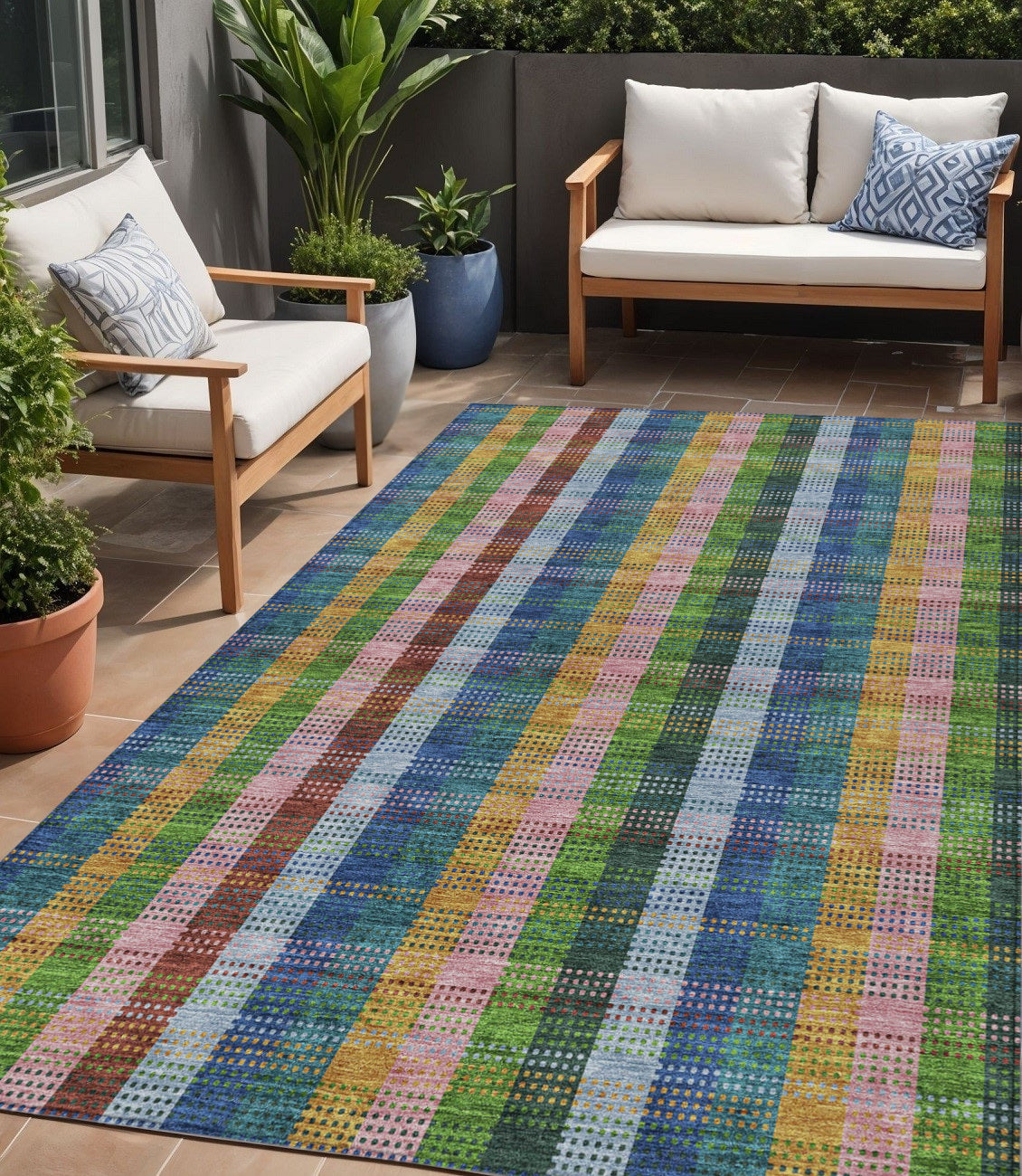 5 X 8 Navy Blue Pink And Sage Plaid Washable Indoor Outdoor Area Rug