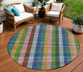 8 Navy Blue Pink And Sage Round Plaid Washable Indoor Outdoor Area Rug