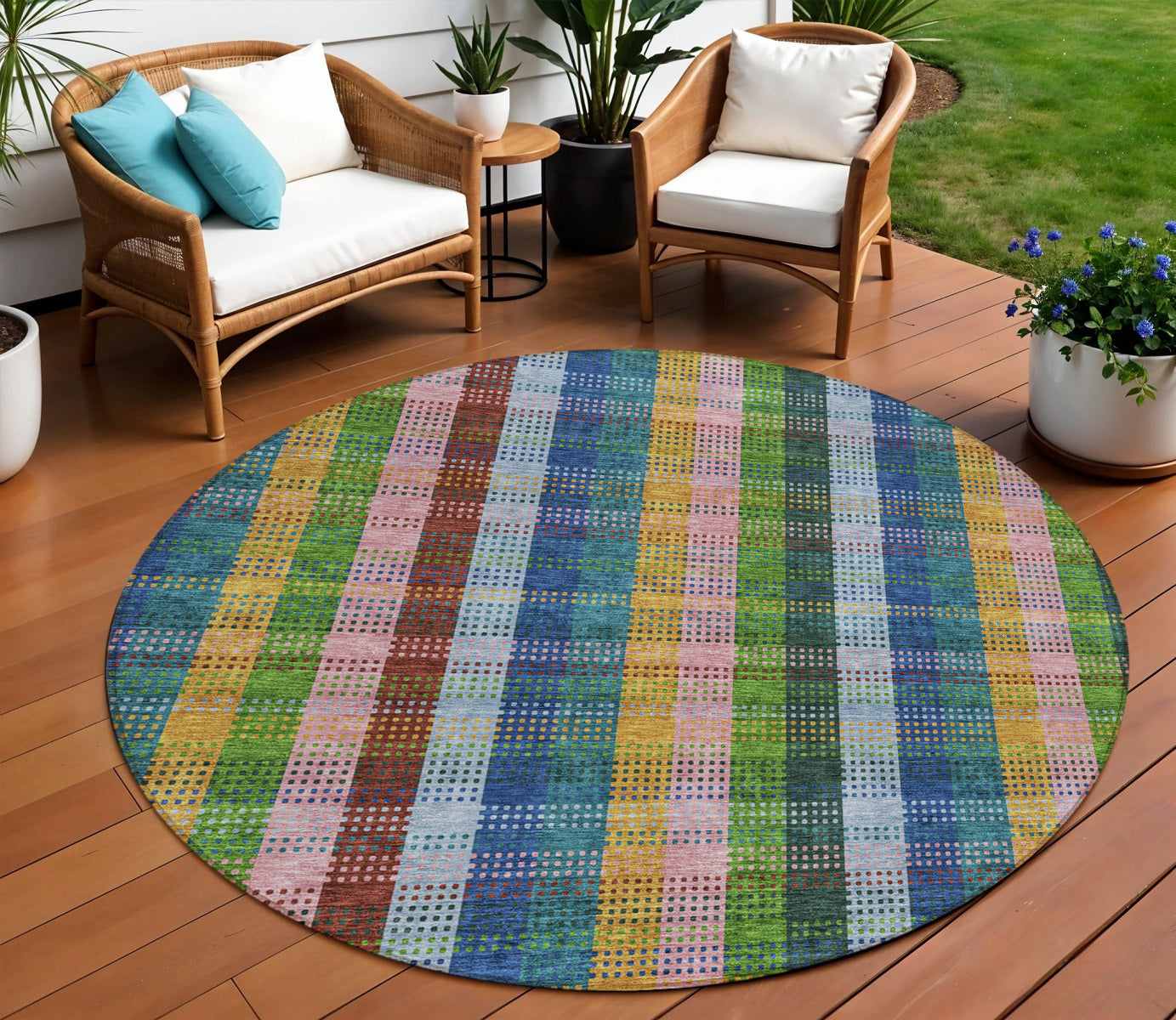 8 Navy Blue Pink And Sage Round Plaid Washable Indoor Outdoor Area Rug