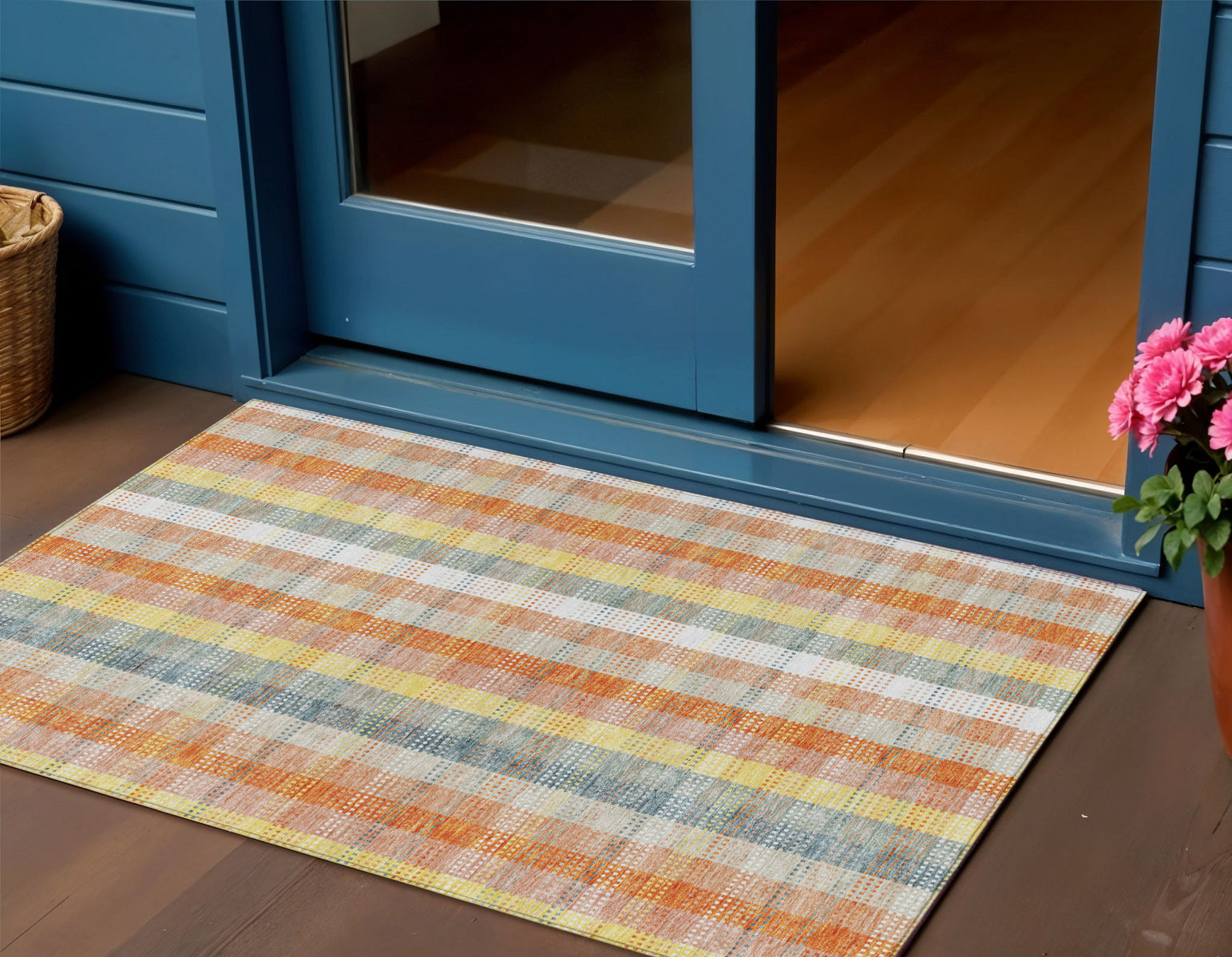 3 X 5 Peach Ivory And Orange Plaid Washable Indoor Outdoor Area Rug