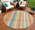 8 Peach Ivory And Orange Round Plaid Washable Indoor Outdoor Area Rug