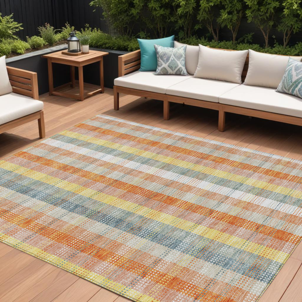 8 X 10 Peach Ivory And Orange Plaid Washable Indoor Outdoor Area Rug