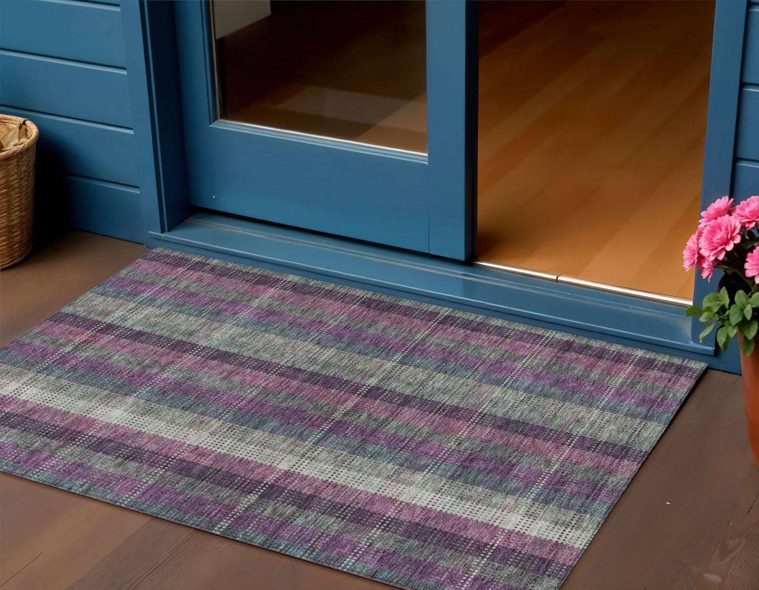 3 X 5 Plum Eggplant And Gray Plaid Washable Indoor Outdoor Area Rug
