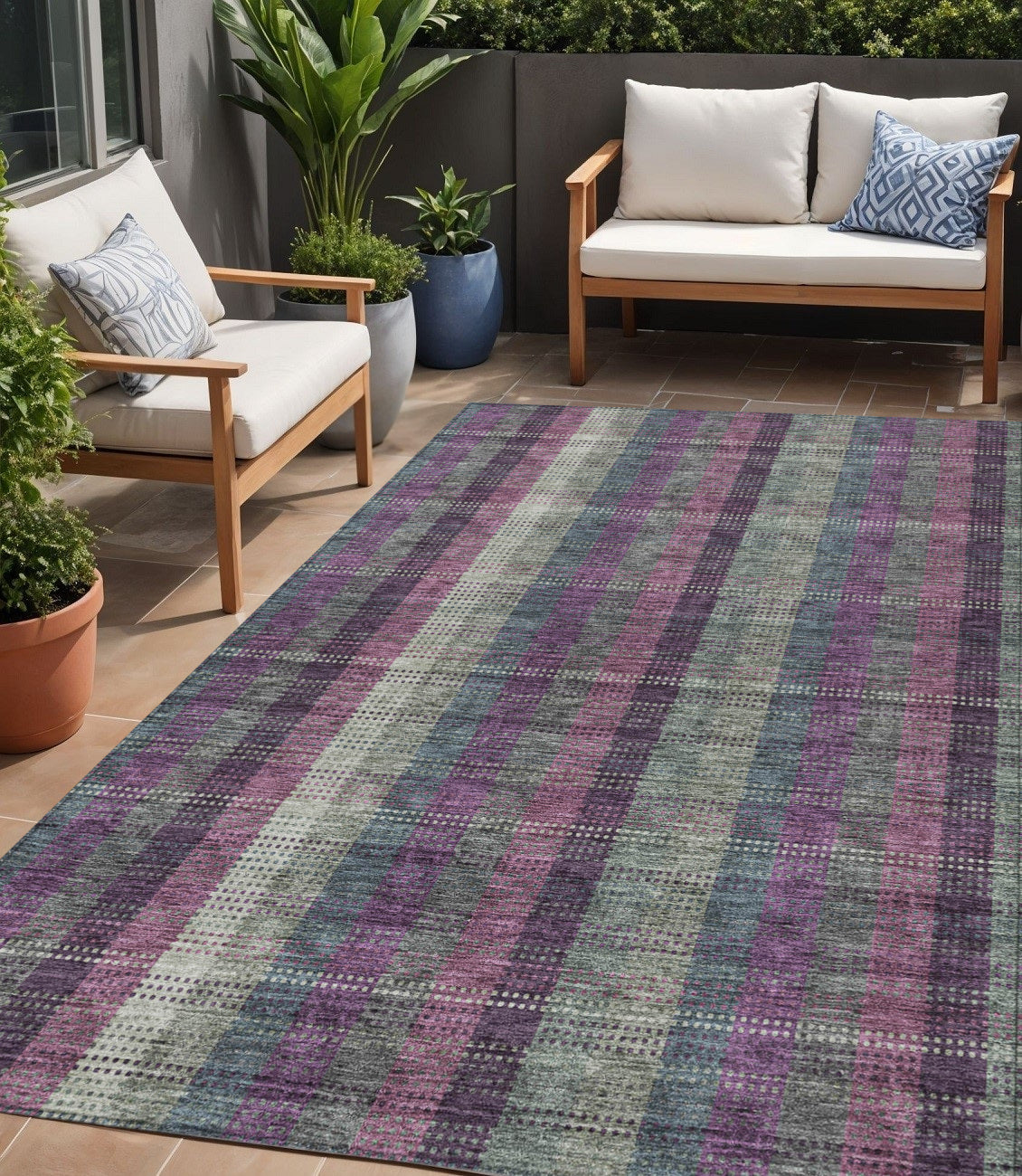 5 X 8 Plum Eggplant And Gray Plaid Washable Indoor Outdoor Area Rug