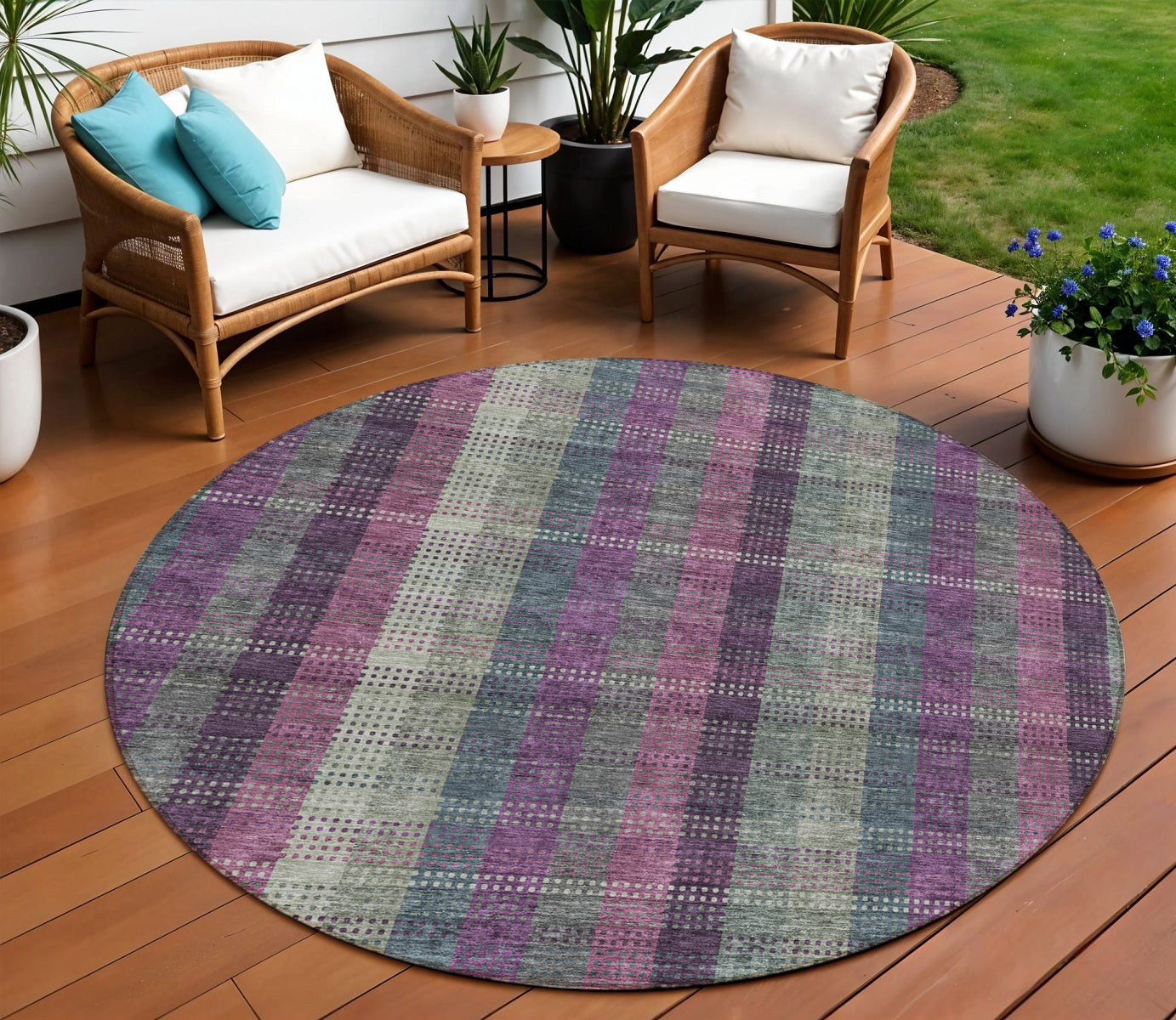 8 Plum Eggplant And Gray Round Plaid Washable Indoor Outdoor Area Rug