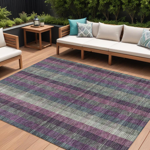 10 X 14 Plum Eggplant And Gray Plaid Washable Indoor Outdoor Area Rug