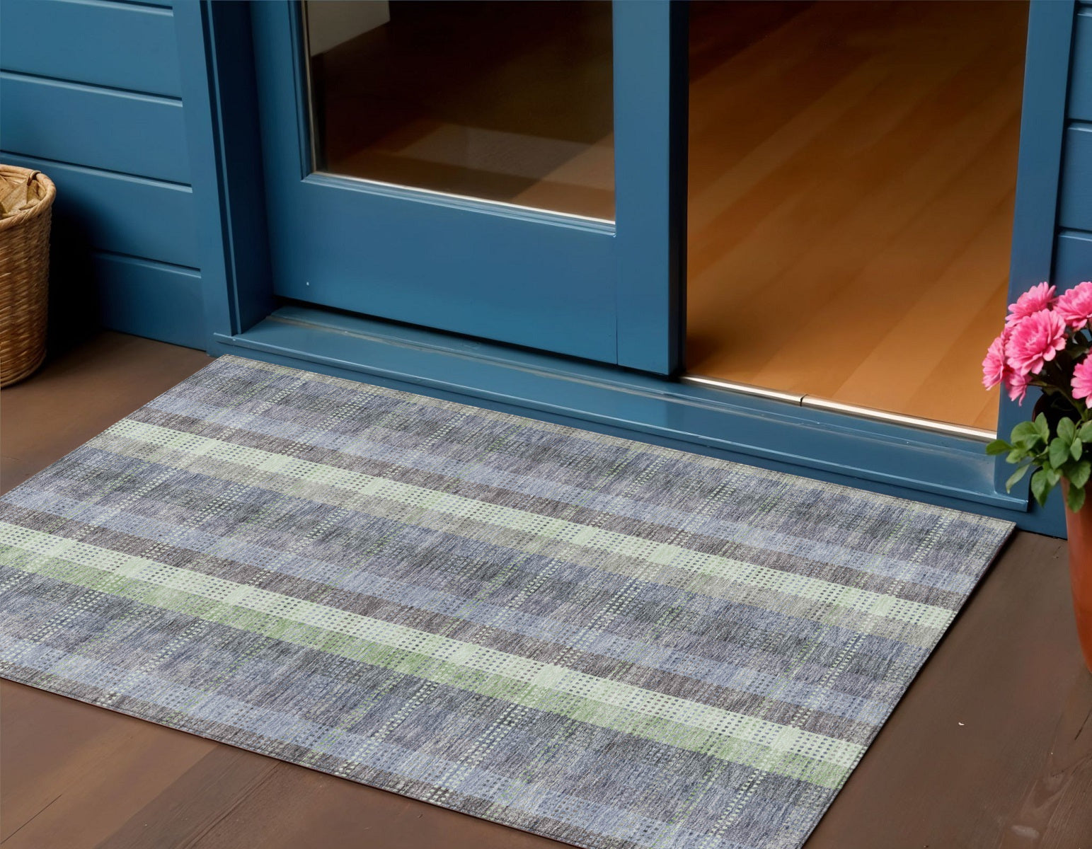 3 X 5 Pewter Gray And Mint Green Plaid Washable Indoor Outdoor Area Rug