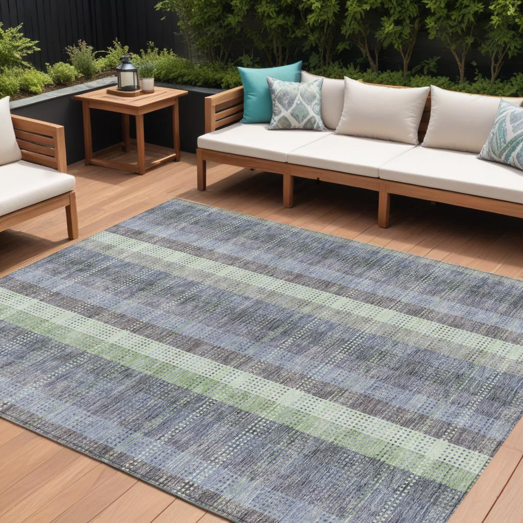 8 X 10 Pewter Gray And Mint Green Plaid Washable Indoor Outdoor Area Rug